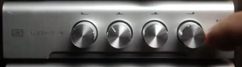Front panel of the Schiit Loki four-band equalizer with four frequency controls