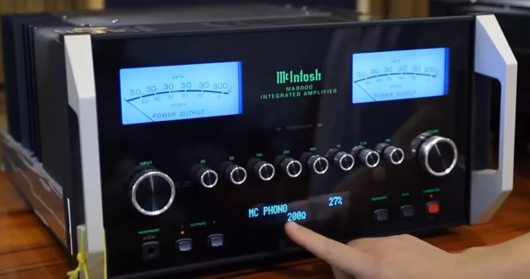 McIntosh MA9000 integrated amplifier with blue power meters and phono settings on the front display